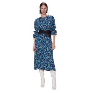 Zara Floral Printed Midi Dress in Blue Multi